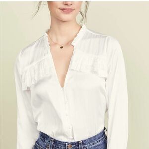 Paige Anguilla White Ruffle Yoke Matte Satin Long Sleeve Blouse Size XS- NWT